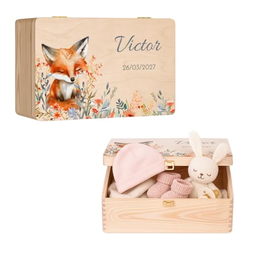 Maverton Boite Souvenir Bebe Personnalisable - Cadeau Naissance Personnalisé - L/XL Boite de Rangement avec Couvercle en Bois de Pin Naturel - Cadeau...