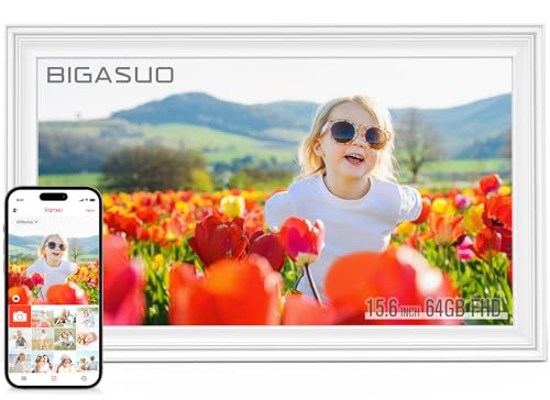 64GB 15.6 Frameo Digital Photo Frame WiFi Bright White - 1920 * 1080P FHD IPS Touch Screen Large Electronic Picture Frames Auto Rotate Wall Mountable Sharing Photos and Videos