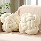 Beeveer 2 Pcs Knot Pillow Balls Set, 12 Inch Soft Decorative Throw Knot Pillow Ball, Large Square Knotted Floor Cushion for Living Room Bedroom Sofa Couch Bed Home Decoration(Beige)