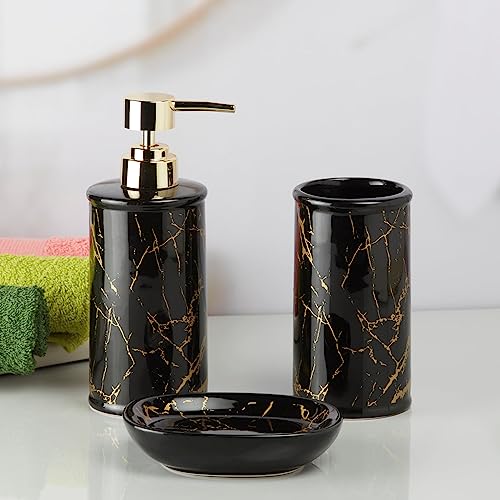 Image of Kookee Ceramic Bathroom Set - Stylish 3 Piece Bath Accessories Kit with Liquid Handwash Soap Dispenser, Toothbrush Holder & Soap Dish - Modern & Designer Decor,Black /Gold (9728)