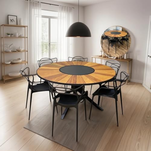 Round Teak Outdoor Dining Set: Stylish and Durable Patio Dining Solutions 4 Conjunto Sala de Jantar Mesa Madeira 1,30m Centro Giratório 6 Cadeiras Alegra Área Externa (Preto)