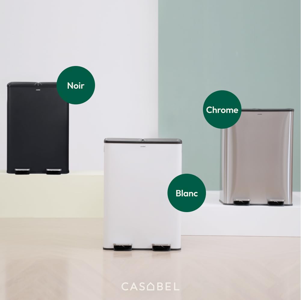 CASABEL Poubelle Cuisine Tri Sélectif 60L Acier INOX Brossé Double Compartiments