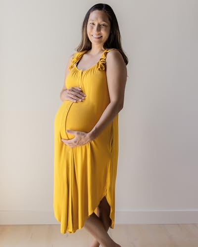 Image of Kindred Bravely Ruffle Strap Labor and Delivery Gown for Birthing & Nursing | Soft maternity hospital gown with velcro for monitoring, epidural, skin-to-skin contact, breastfeeding nightgown with pockets