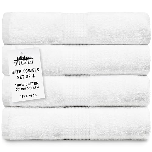 CityComfort Bath Towels Set of 4 100% Cotton 550 GSM 75x135cm Highly Absorbent Fluffy Bathroom Towels Household Essentials (White - 4 Pack)