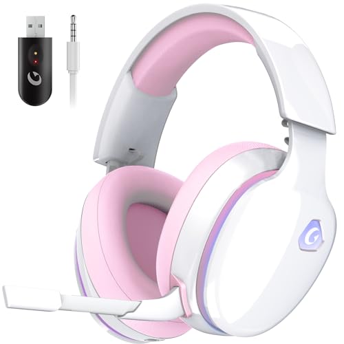Gtheos Wireless Gaming Headset for PS5, PC, PS4, Mac, Nintendo Switch, 2.4GHz USB Gamer Headset, Bluetooth 5.2 Gaming Headphones with Microphone for Laptop, Computer, Mobile, Stereo Sound (Pink)