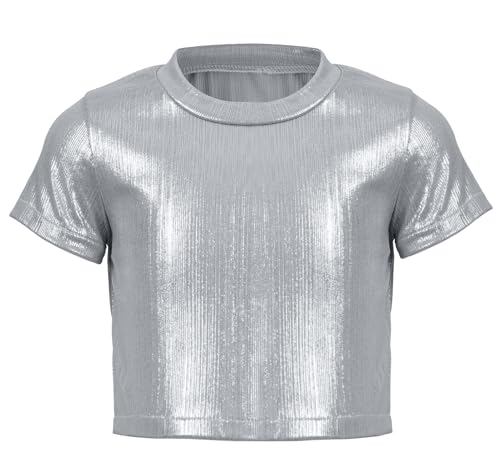 Image of 2025 Shiny Metallic Crop Top Kids Short Sleeve Dance T Shirt Casual Concert Sequin Tee Party