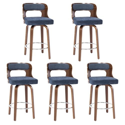 Image of Swivel Bar Stools Set of 5, 26 inch Counter Height Bar Stools, Mid-Century Modern PU Leather Modern Island Chairs with Back and Footrest, for Kitchen, Bar, Restaurant, Cafe, Blue-Gray