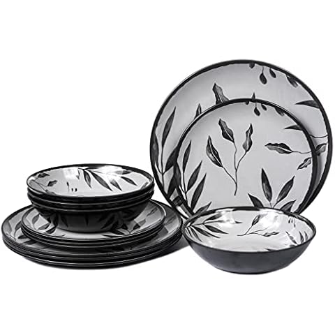 12pcs Melamine Dinnerware Set, Camping Dishes, Dinner Plates and Bowls Set for Picnic RV Use, Unbreakable, Dishwasher Safe Cover