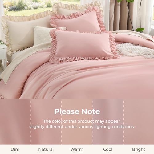 Image of Litanika Full Size Comforter Sets, 3 Pieces Blush Pink Ruffle Girls Women Cute Bedding Comforters & Sets, Lightweight Fluffy Microfiber as Gift (79x90In Comforter & 2 Pillowcases)