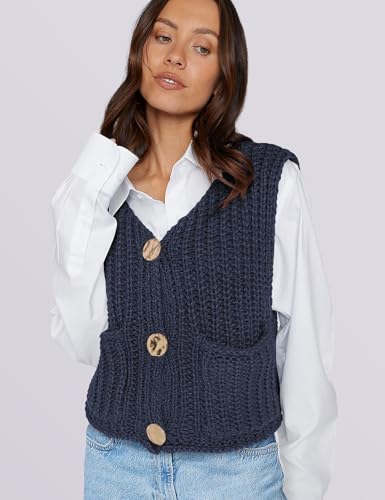 Image of UEU Womens Chunky Sweater Vest Button Down Sleeveless Cardigan V Neck Crop Crochet Knit Tops 2025 Fashion Trendy Clothes