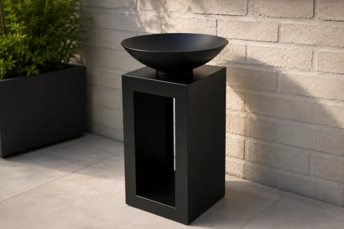 Image of OTZ Outdoor Fire Pit with Log Storage, Metal Chiminea, Wood Burning Garden Fireplace, Heavy Duty Steel Patio Heater, Modern Fire Bowl for Garden, Terrace & Backyard