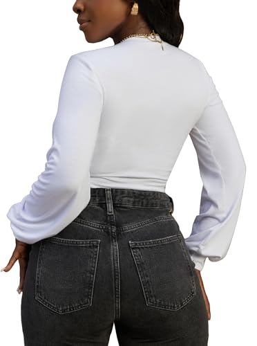 LovelyWholesale Women Tie Front Tops Sexy Cropped Long Sleeve Deep V Neck Shirt Clubwear3