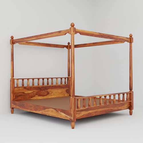 Image of Solid Wood Sheesham Bed King Size Poster Bed Wooden Double Bed Cot Bed Furniture for Bedroom Home and Hotel (Honey Finish, King) 1 Year Warrenty