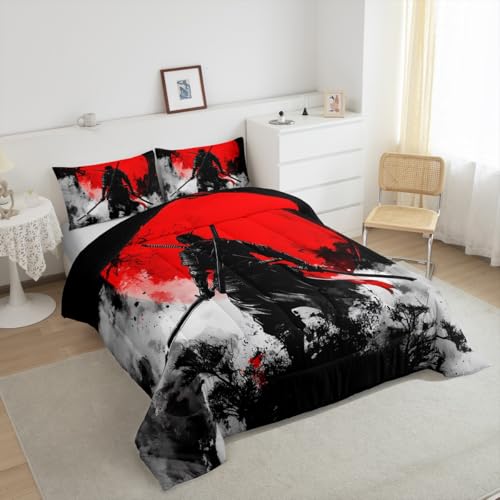 Image of Feelyou Japanese Samurai Comforter Set All Season Warrior Bushido Bedding Set with 1 Pillow Cases Black Red Microfiber Kids Toddler Bedclothes Mount Fuji Bedroom Decor Duvet Quilt Breathable Soft