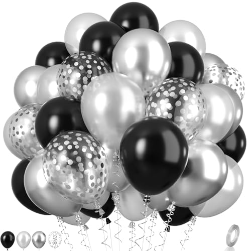 Black and Silver Balloons, Metallic Silver and Black Balloons Pearl Silver Confetti Balloons Party Balloons Chrome Latex Balloons for Kids Adults Birthday Wedding Baby Shower Graduation