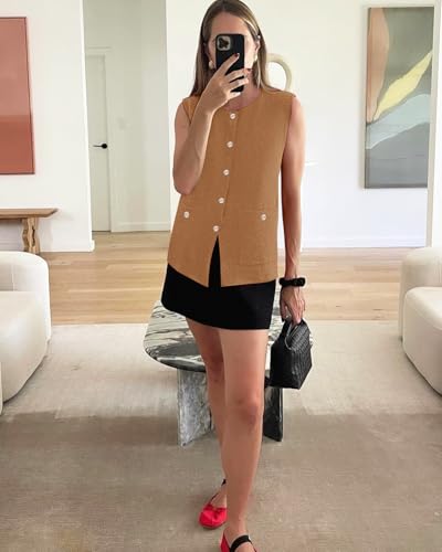 Image of Yousify Womens Sweater Vest Sleeveless Button Down Round Neck Knitted Tank Tops Casual Cardigan with Pockets