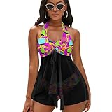 Red 80s 90s Two Piece Tankini Swimsuit for Women V Neck Ruched Tummy Control Top with Bottom Bathing Suits M