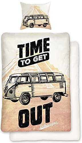 Volkswagen Bulli Time Out - Juego de ropa de cama (135 x 200 cm + 80 x 80 cm, 100% algodón, renforcé), diseño retro de furgoneta Volkswagen