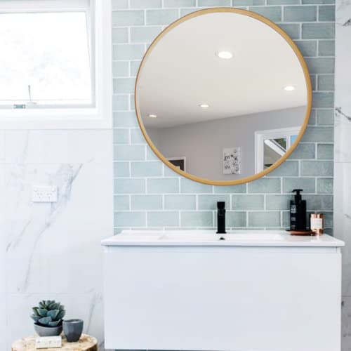 Image of Quality Glass Wall Mirror Metal Frame Round Metal Frame Wall Mirror for Bathroom, Living Room, Vanity Decorative Wall Mirror Wall Mounted (18X18 Inches) - Golden