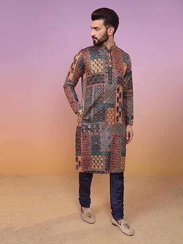Kisah Men's Kurta Dhoti Set, Multi Cotton Blend, Printed Regular Fit Long Sleeves Mandarin Collar (Medium)