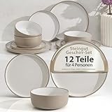 Hausfelder Steingut Geschirrset 4 Personen Steingut Geschirr Set 12teilig   Schüsseln und Teller Set   Tafelservice 4 Personen Geschirrsets (Nordic Sand, 12 teiliges Set)