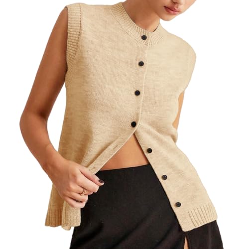 Image of Women Button Down Knit Sweater Vest Casual Loose Fit Crew Neck Sleeveless Button Front Knitted Sweater Cardigan