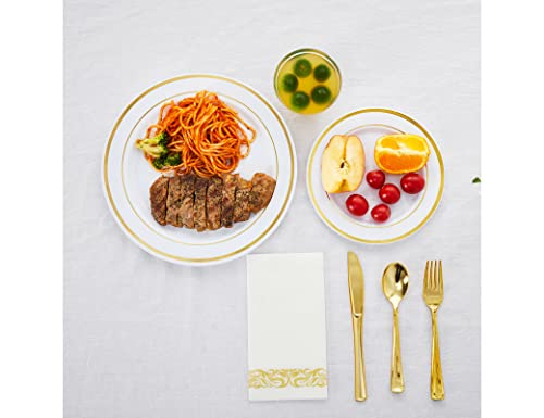 350 Pcs Gold Disposable Plastic Dinnerware Set For Party And Wedding 50 Guests Include 50 Plastic Gold Rim Dinner Plates 10.25" 50 Salad Plates 7.5" 50 Forks 50 Knives 50 Spoons 50 Cups 50 Napkins #TOP4