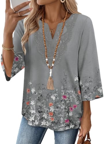 Image of WIHOLL 3 /4 Length Sleeve Womens Tops Boho V Neck Lace Shirt Trendy Blouses Dressy Casual Vacation Clothes S-3XL