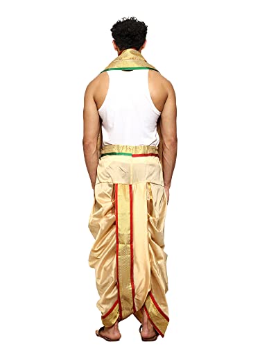 Image of Rameshwaram Fabrics Readymade Dhoti for Men, Velcro Style Stitched Mens Silk Dhoti Pant with Stole Set