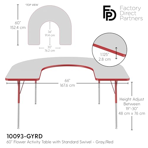 Image of FDP Horseshoe Activity School and Office Table (60 x 66 inch), Standard Legs with Swivel Glides for Collaborative Seating Environments, Adjustable Height 19-30 inches - Gray Top and Red Edge