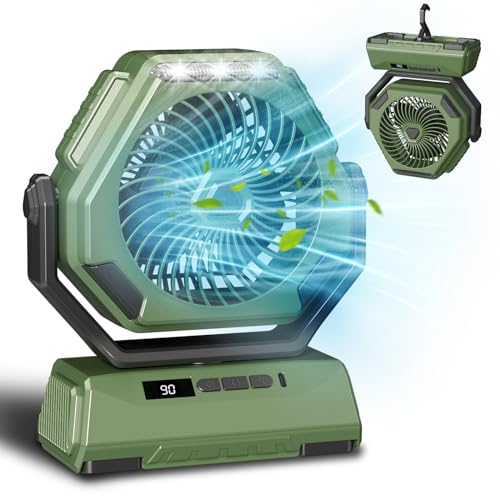 Portable Camping Fan Rechargeable, 10000mAh Battery Operated Powered Fan With Emergency Light, 270° Oscillating USB Cordless Electric Fan, Outdoor Desk/Hanging Ventilateur for Tent Travel (Green)