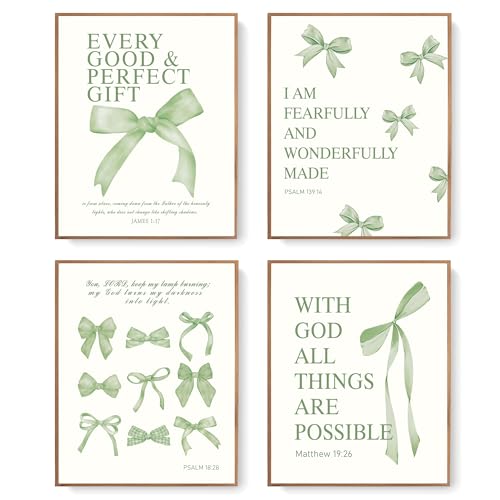 LARTSFRO Coquette Sage Green Bow Wall Art Decor Posters, Sage Green Bow Room Bedroom Bathroom Dorm Wall Art Decor Aesthetic for Teen Girls Gifts, Inspirational Bible Verses Bow Wall Decor, 10x8 Inch Set of 4 Pcs Bow Pictures (UNFRAMED)
