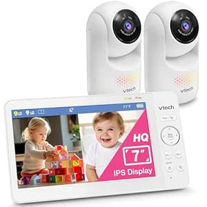 VTech Advanced HQ Max Twin 7" Digital Video 2-Cameras Baby Monitor with Pan Tilt Zoom, Long Battery Life 5000mAh, IPS Screen, Adaptive Multi-Color Night Light, 2-Way Talk, HQ Display, No WiFi, White asin的图片