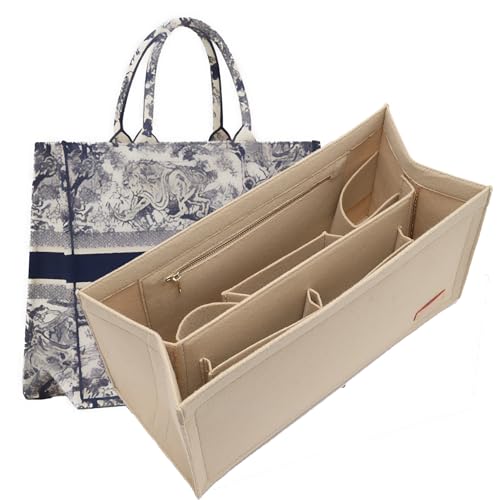 OAikor Bolsa organizadora compatível com Dior Book Tote e bolsa on-thego média, bolsa organizadora leve de feltro premium para bolsas, acessórios de bolsa modeladora com zíper, MM, bege