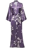 BABEYOND Floral Kimono Robe Satin Seide Hochzeit Robe 1920er Kimono Nachthemd Nachtwäsche 53 Zoll lang, Birnenblumen-lila, Einheitsgröße