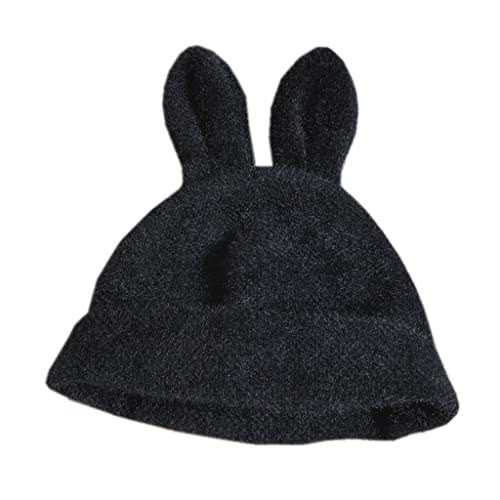 3D Rabbit Ears Beanie Hats Bunny Crochet Cap Cute Plush Winter Hat for Women Girls (Black)