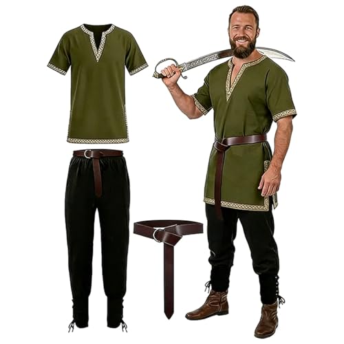 Túnica medieval para hombre, cosplay, camisetas, disfraz de Halloween, renacimiento, guerrero, vikingo, caballero, tops para hombre, pirata, guerrero, LARP, camisas, loki, ropa para hombre, O Verde