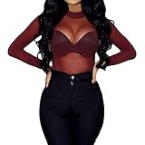 ORANDESIGNE Damen Y2k Mesh Crop Top Spitzen Shirt Sexy Transparent Netz Top Rundhals Party Oberteile Netzshirt Mesh Bluse Bauchfrei Clubwear I Rot L