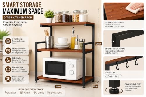 Image of REMANENCE D Series 3-Layer Microwave Stand, OTG Stand, Oven Kitchen Storage Shelf, Counter Top Spice Rack, Multipurpose Rack, Toaster Grill Organizer Stand for Microwave (Walnut Brown, Black Frame)