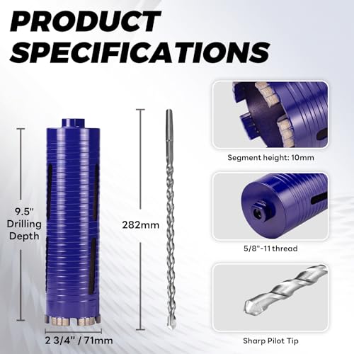 Image of 2-3 /4 inch Core Drill Bit with Pilot Bit & Adapters(SDS Plus and 1 /2 inch Hex), 5 /8 inch-11 Thread, 9.5 inch Depth, Upgraded-Welded Segments Diamond Core Bits for Concrete, Masonry, Brick Block