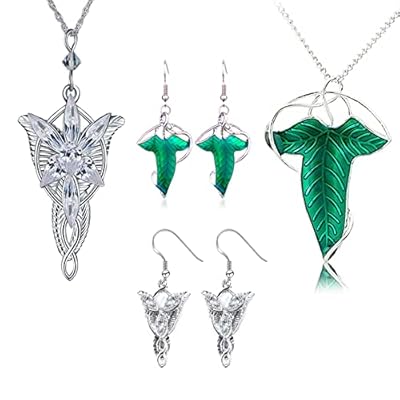 HJYZY 4 aretes de élfico vintage con diseño de hoja verde, collar con colgante de hoja elfa Aragorn Arwen Evenstar, Zinc, No es una piedra preciosa | Ya disponible en tu tienda friki favorita! En mundofriki.es!