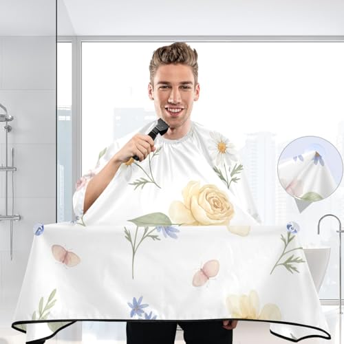 Capa para cortar cabello impermeable con estampado floral amarilla, profesional para barbero con cierre ajustable de broche miniatura 6