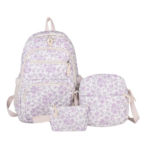 Coquette Backpack Aesthetic Floral Bookbag Large Quilted Daypack Cute 3PCS Bag Set with Crossbody Bag