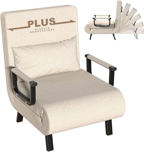Schlafsessel 3-in-1, klappbares Schlafsofa mit Bettfunktion, 6-fach verstellbarer Rückenlehne, Metallrahmen & Leinen, Gästebett für Kleine Räume, Wohnzimmer, Office, Aufstellmaße:187 × 63 cm, Beige