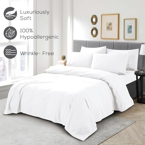 Image of Mueller 6 Piece Queen Bed Sheets Set - Ultratemp Cooling Technology, Oeko-TEX Certified, Ultra-Soft Series, 4 Pillowcases, Deep Pocket 16 inch, Hypoallergenic, Wrinkle-Free Hotel Bedding, White