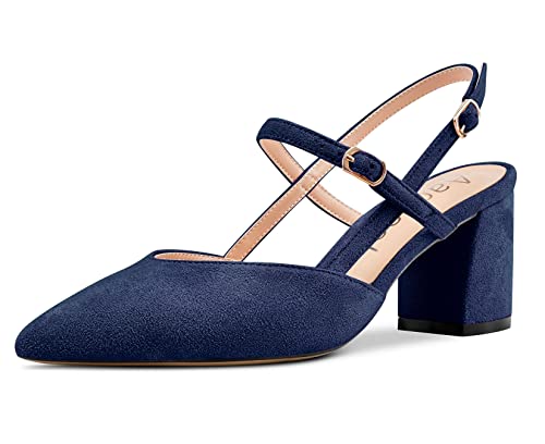 Aachcol Mujer Chunky Ancho Medio Bajos Heel Pumps Correa Tobillo Slingback Puntiaguada Punta Dress Zapatos Oficina Fiesta de Boda Ante Azul Marino 6.5 CM 42 EU