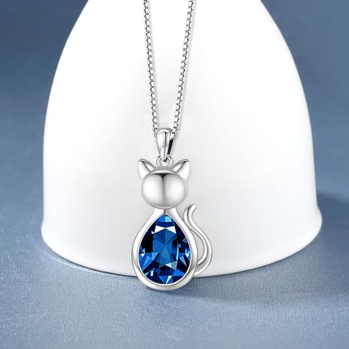 Odinstone Cat Birthstone Necklaces Jewelry Sterling Silver Cat Pendant Necklace Gift for Women Gifts, 18'' Silver Box Chain Women's Birthstone Crystal Cat Jewelry Gifts4