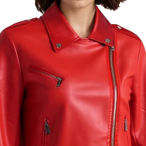 Blouson aviateur ajusté similicuir femme veste moto rouge manteau motard XL zip