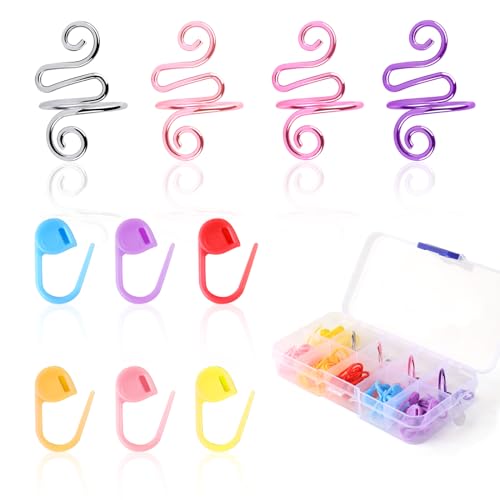 LBU 4Pcs Crochet Ring + 60Pcs Stitch Markers Adjustable Crochet Tension Rings for Finger Handmade Open Yarn Guide Crocheting Rings Knitting Accessories with Box Crochet Gifts for Women Mom Crocheters