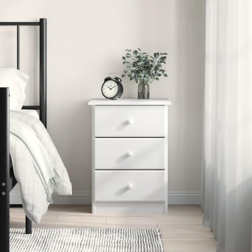 fadaoet ALTA Table de chevet en pin massif blanc 41 x 35 x 55,5 cm avec 3 tiroirs d'espace de rangement, boutons en bois, meuble de chambre à coucher, pour...